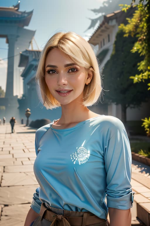  1girl,1girl,blonde short hair,straight hair,upper body shot,shirt,smile hyperrealistic, full body, detailed clothing, highly detailed, cinematic lighting, stunningly beautiful, intricate, sharp focus, f/1. 8, 85mm, (centered image composition), (professionally color graded), ((bright soft diffused light)), volumetric fog, trending on instagram, trending on tumblr, HDR 4K, 8K