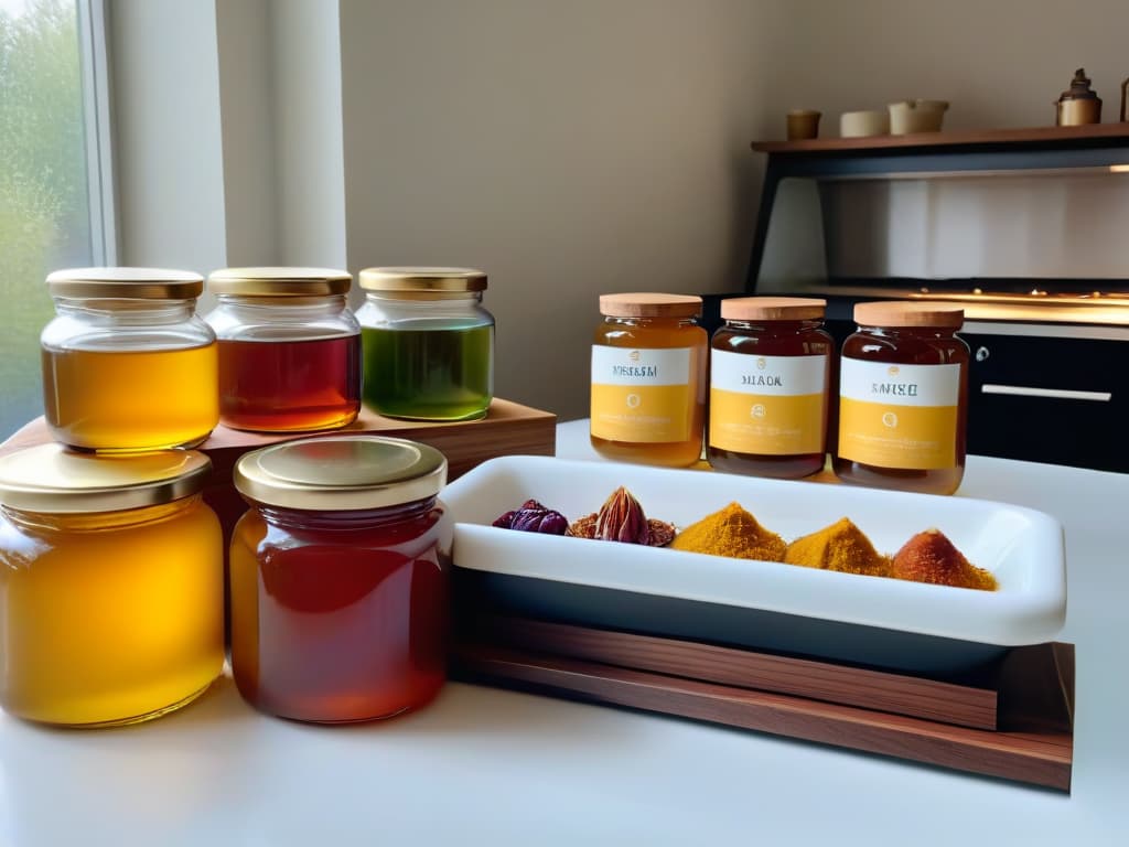  An ultradetailed image of a sleek, modern kitchen countertop adorned with a variety of natural sweeteners like honey, maple syrup, agave nectar, and dates neatly arranged in stylish glass jars. The soft, natural light coming in through a nearby window highlights the rich colors and textures of the sweeteners, creating a visually appealing and inviting scene for vegan baking enthusiasts. hyperrealistic, full body, detailed clothing, highly detailed, cinematic lighting, stunningly beautiful, intricate, sharp focus, f/1. 8, 85mm, (centered image composition), (professionally color graded), ((bright soft diffused light)), volumetric fog, trending on instagram, trending on tumblr, HDR 4K, 8K