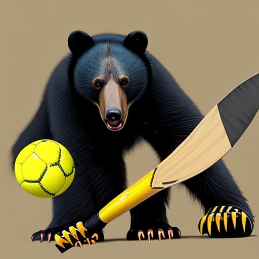  Angry black bear with cricket bat, small yellow ball