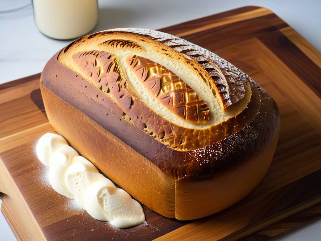  A closeup, ultradetailed image of a perfectly risen sourdough bread loaf, with intricate patterns on the crust, set on a simple, elegant wooden cutting board. The texture of the bread should be visible, showcasing the air pockets and the crispy crust, with a sprinkling of flour for a minimalist touch. hyperrealistic, full body, detailed clothing, highly detailed, cinematic lighting, stunningly beautiful, intricate, sharp focus, f/1. 8, 85mm, (centered image composition), (professionally color graded), ((bright soft diffused light)), volumetric fog, trending on instagram, trending on tumblr, HDR 4K, 8K