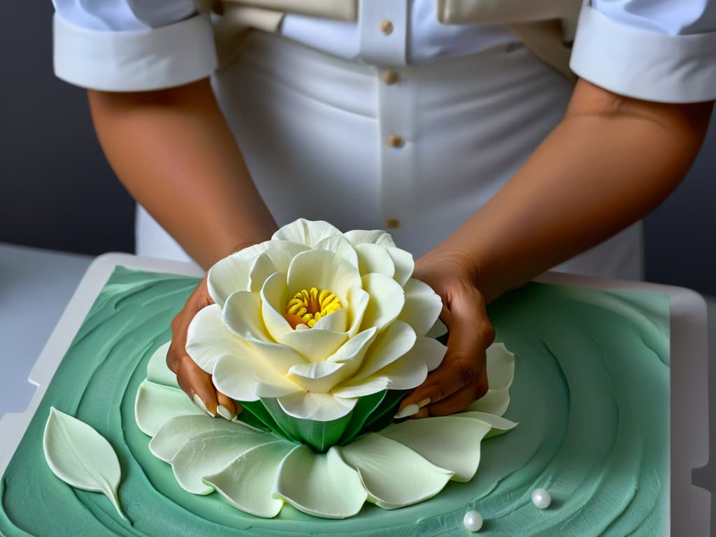  An ultradetailed closeup image of a sculptor's hands delicately molding a realistic sugar flower, showcasing intricate details like the fine textures of the sugar paste, subtle shadows created by the soft lighting, and the focused expression on the artist's face as they work on their masterpiece. hyperrealistic, full body, detailed clothing, highly detailed, cinematic lighting, stunningly beautiful, intricate, sharp focus, f/1. 8, 85mm, (centered image composition), (professionally color graded), ((bright soft diffused light)), volumetric fog, trending on instagram, trending on tumblr, HDR 4K, 8K