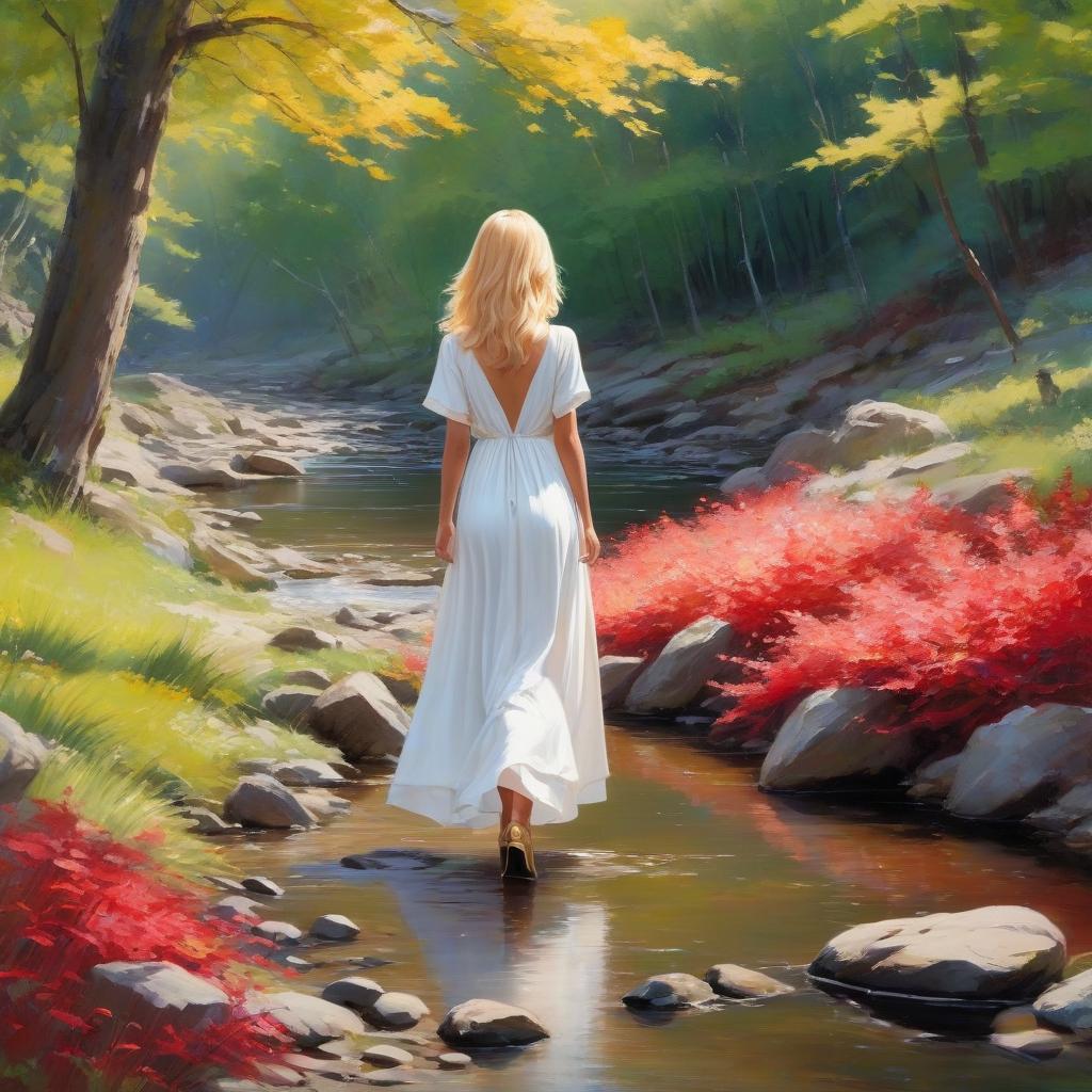  Masterpiece. Detailed elaboration, detailed drawing. Detail of the face. A grown up girl. A girl in a white dress walking along a small brook, golden hair. Only the back of the head is visible. Floor length dress. Girl in heels. Hair gathered in a bundle, trees. Rocks on the sides of the creek, red plants. Vivid colors, no blurriness. Realism. Realistic portrayal. Alfonso Mucha, Honoré Fargonard. hyperrealistic, full body, detailed clothing, highly detailed, cinematic lighting, stunningly beautiful, intricate, sharp focus, f/1. 8, 85mm, (centered image composition), (professionally color graded), ((bright soft diffused light)), volumetric fog, trending on instagram, trending on tumblr, HDR 4K, 8K