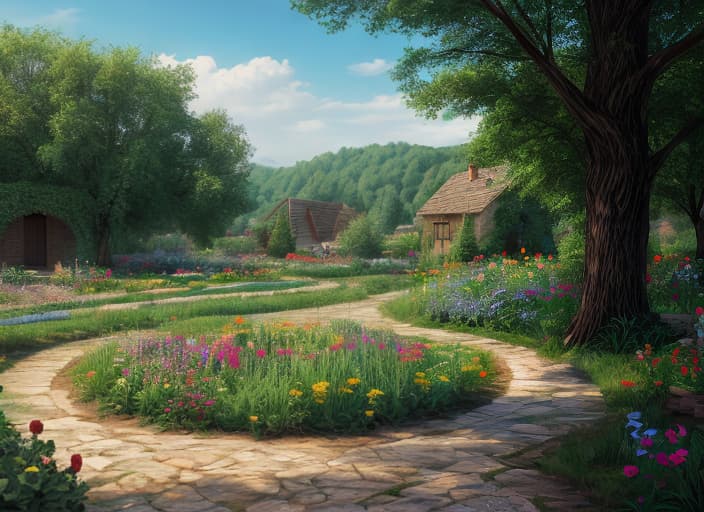  create a hungarian countryside yard with plants flowers , HQ, Hightly detailed, 4k