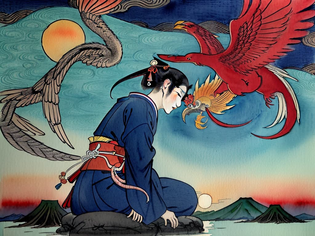  masterpiece, best quality, (watercolor pencil),illustration,(((ukiyoe))),((sketch)),((japanese_art)),dusk,sun,doing a meditation,squatting,looking down,sad,masterpiece A phoenix