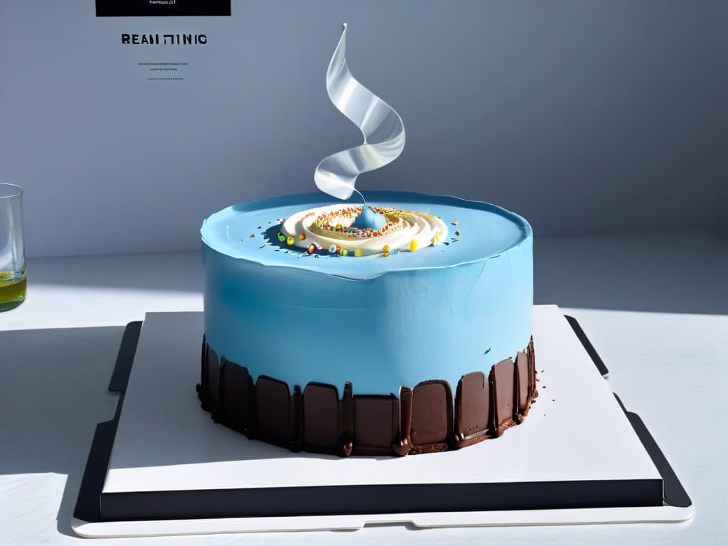  An ultradetailed, minimalist image of a sleek, modern kitchen with holographic AR overlays displaying stepbystep baking instructions for a decadent chocolate cake. The countertops are pristine white marble, the cabinets are a glossy black, and the AR projections are colorful and vibrant, showcasing ingredients floating midair and digital timers counting down. The overall atmosphere is futuristic, professional, and inviting, perfect for sparking curiosity and excitement in readers about the possibilities of augmented reality in baking. hyperrealistic, full body, detailed clothing, highly detailed, cinematic lighting, stunningly beautiful, intricate, sharp focus, f/1. 8, 85mm, (centered image composition), (professionally color graded), ((bright soft diffused light)), volumetric fog, trending on instagram, trending on tumblr, HDR 4K, 8K