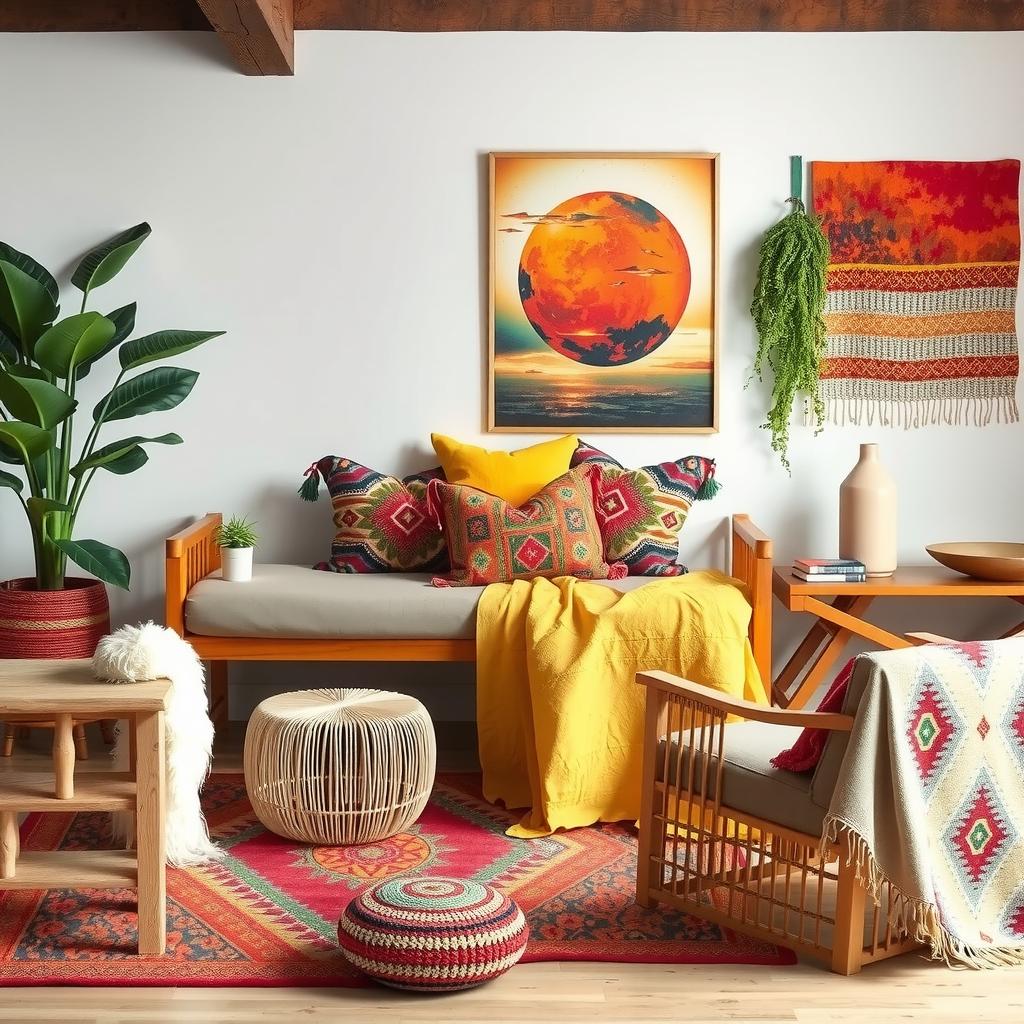  eclectic boho living room mood board featuring a mix of vibrant textiles, natural wood furniture, oversized plants, colorful pillows, woven rugs, and artwork with earthy tones. showcase a cozy, inviting atmosphere filled with patterns and textures that inspire creativity and comfort.,