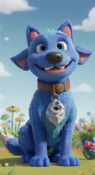  {Max carefully picking up the ball with his teeth without disturbing the flowers, The big blue dog is large with sky blue fur, big round eyes, a black nose, and floppy ears.