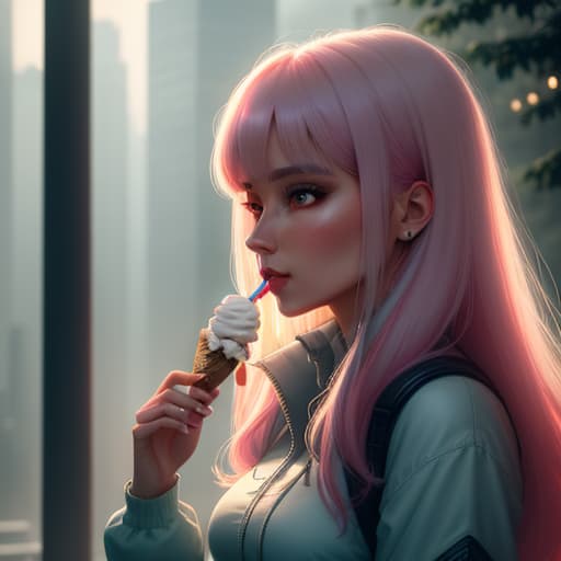  a girl eating ice cream on forest Urban Nature, Crystal Clear, Soft and Dreamy, Urban Jungle Colors, Urban Grit and Grunge hyperrealistic, full body, detailed clothing, highly detailed, cinematic lighting, stunningly beautiful, intricate, sharp focus, f/1. 8, 85mm, (centered image composition), (professionally color graded), ((bright soft diffused light)), volumetric fog, trending on instagram, trending on tumblr, HDR 4K, 8K