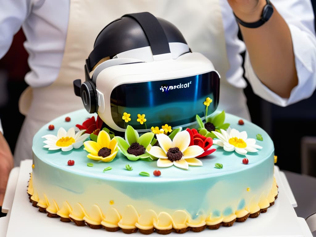  An ultradetailed closeup image of a pastry chef's hands using virtual reality goggles to design intricate virtual cake decorations, with a sleek and modern virtual reality interface displayed in the background. The chef's hands are delicately placing digital sugar flowers on a virtual cake, showcasing the innovative use of technology in modern pastry making. The image captures the fusion of traditional culinary artistry with cuttingedge virtual reality technology in a visually striking and inspirational manner. hyperrealistic, full body, detailed clothing, highly detailed, cinematic lighting, stunningly beautiful, intricate, sharp focus, f/1. 8, 85mm, (centered image composition), (professionally color graded), ((bright soft diffused light)), volumetric fog, trending on instagram, trending on tumblr, HDR 4K, 8K