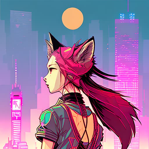 nvinkpunk New york city foxpunk. Japanese manga style. beautiful fox woman. fox ears and tail. dress red. over-detailed fox face and fox nose and fox lips and fox pupils and body