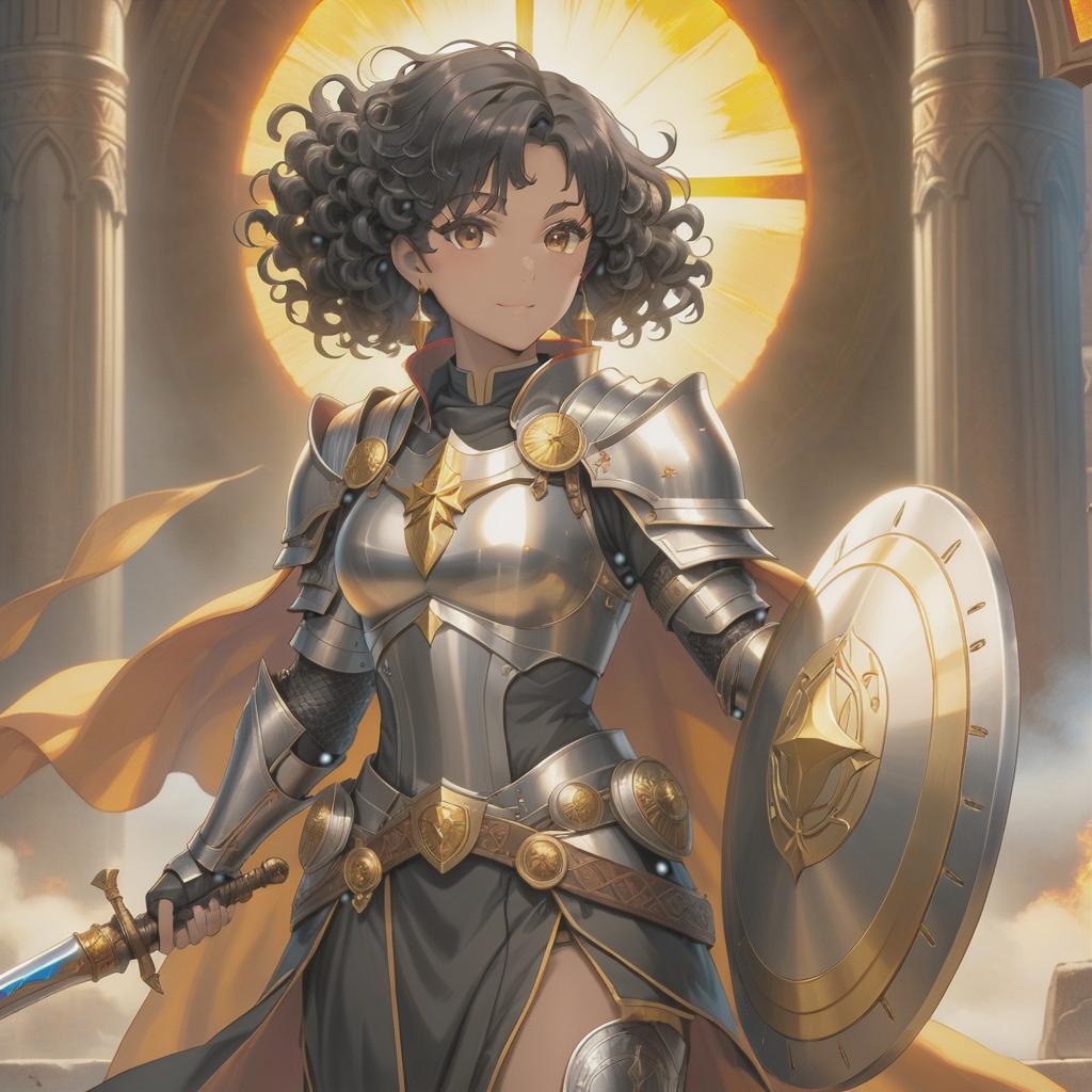  A very thick and short woman, curly black hair, and brown eyes, a priest of the sun, dressed in a light armor, holding a shield and a mace, rosy cheeks, and a beaky nose. hyperrealistic, full body, detailed clothing, highly detailed, cinematic lighting, stunningly beautiful, intricate, sharp focus, f/1. 8, 85mm, (centered image composition), (professionally color graded), ((bright soft diffused light)), volumetric fog, trending on instagram, trending on tumblr, HDR 4K, 8K