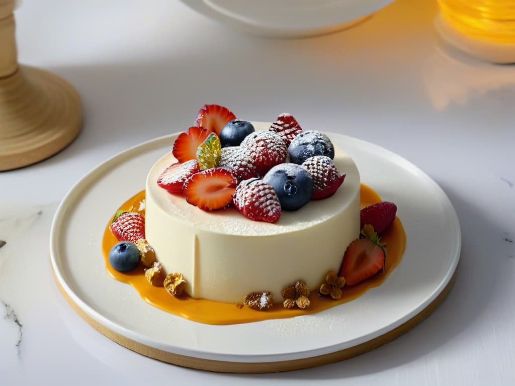  A closeup, photorealistic image of a delicate dessert plate, showcasing a fusion dessert that combines elements from different cultures. The dessert is a work of art, featuring layers of vibrant colors and intricate textures. In the background, soft lighting highlights the dessert, creating a warm and inviting atmosphere. The plate is elegantly garnished with edible flowers and gold leaf, adding a touch of luxury to the composition. The image captures the essence of fusion cuisine and emotional storytelling through food, inviting the viewer to indulge in a sensory experience. hyperrealistic, full body, detailed clothing, highly detailed, cinematic lighting, stunningly beautiful, intricate, sharp focus, f/1. 8, 85mm, (centered image composition), (professionally color graded), ((bright soft diffused light)), volumetric fog, trending on instagram, trending on tumblr, HDR 4K, 8K