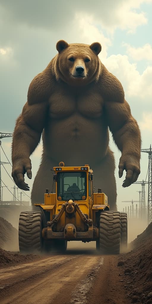  good quality, high quality, a huge creature which is a hybrid between a yellow bulldozer and a bear, construction site, transformers, oil, dust, dirt, cables, technical, sun shines through clouds, highly detailed, photorealistic, realism,