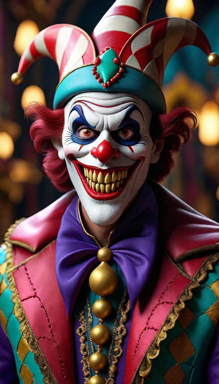  Professional 3D model of a sinister jester in a dark carnival. Dark, mysterious, scary, haunting, dramatic, ornate, detailed. . Rendered with Octane, the model is highly detailed,dramatic lighting. hyperrealistic, full body, detailed clothing, highly detailed, cinematic lighting, stunningly beautiful, intricate, sharp focus, f/1. 8, 85mm, (centered image composition), (professionally color graded), ((bright soft diffused light)), volumetric fog, trending on instagram, trending on tumblr, HDR 4K, 8K