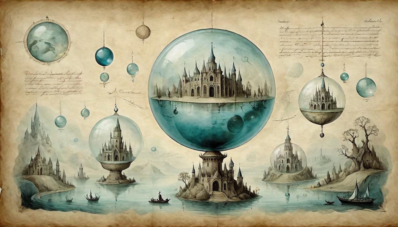  on parchment, surrealism+++, Enclosed serene bubble, ruler inside, world outside in chaos, tranquil center(mysterious, provocative, symbolic,muted color)+++