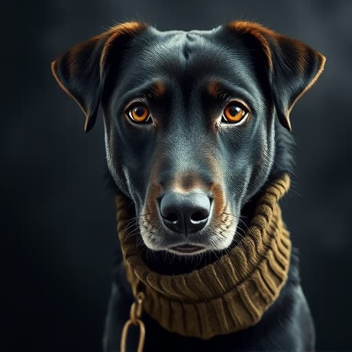  a black dog hyperrealistic, full body, detailed clothing, highly detailed, cinematic lighting, stunningly beautiful, intricate, sharp focus, f/1. 8, 85mm, (centered image composition), (professionally color graded), ((bright soft diffused light)), volumetric fog, trending on instagram, trending on tumblr, HDR 4K, 8K