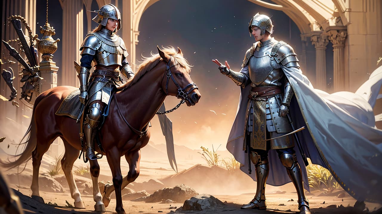  A medieval inspired illustration depicting a Roman legionnaire wearing a chain mail shirt, standing in front of a parchment with ancient diagrams, surrounded by scattered armor pieces and battle worn helmets. hyperrealistic, full body, detailed clothing, highly detailed, cinematic lighting, stunningly beautiful, intricate, sharp focus, f/1. 8, 85mm, (centered image composition), (professionally color graded), ((bright soft diffused light)), volumetric fog, trending on instagram, trending on tumblr, HDR 4K, 8K