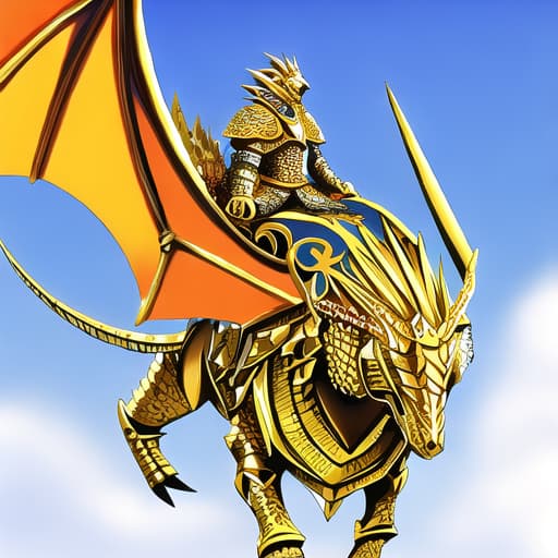  golden armored knight rides a dragon, 🐲🌈🐲, background medieval battleground, focus 🐲 and knight