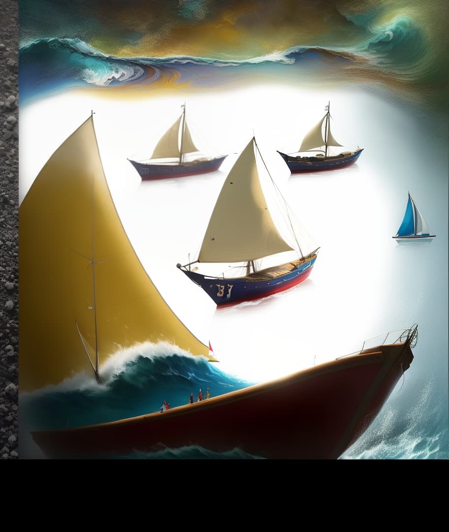  an abstract painting of, a sailboat compilation between four floating sailboats, a wave of a blue sea water, with a beautiful landscape, very colorfully presented, a portrait of a beautiful African woman wearing earrings, , hyperrealistic, high quality, highly detailed, perfect lighting, intricate, sharp focus, f/1. 8, 85mm, (centered image composition), (professionally color graded), ((bright soft diffused light)), trending on instagram, HDR 4K, 8K