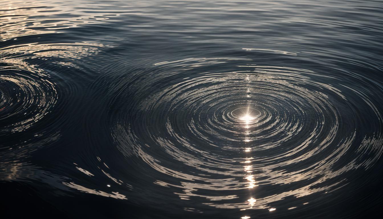  cinematic, aesthetic, Ripples in water emanating from a central point, interconnected lines extending outwards, ethos, ripple effect, 4k, HDR, lens flare