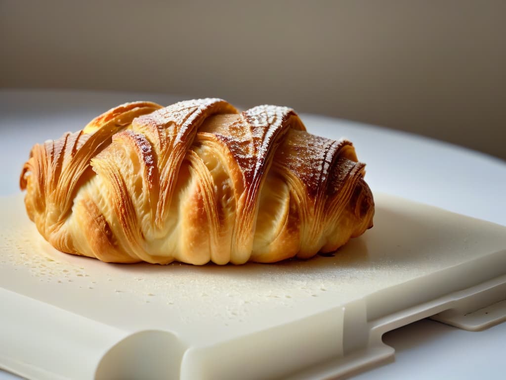  A closeup, ultradetailed image of a perfectly goldenbrown croissant, freshly baked and glistening with a light buttery sheen. The flaky layers are delicately visible, showcasing the expert lamination technique used in its preparation. The background is subtly blurred, emphasizing the intricate texture and inviting the viewer to appreciate the craftsmanship of the baked good. hyperrealistic, full body, detailed clothing, highly detailed, cinematic lighting, stunningly beautiful, intricate, sharp focus, f/1. 8, 85mm, (centered image composition), (professionally color graded), ((bright soft diffused light)), volumetric fog, trending on instagram, trending on tumblr, HDR 4K, 8K