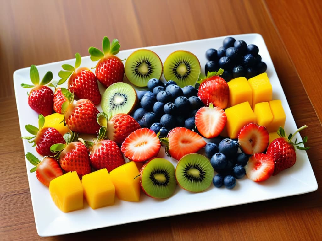  A highresolution image of a beautifully arranged fruit platter, showcasing a variety of colorful and fresh fruits such as strawberries, blueberries, kiwi, and mango slices, neatly presented on a white ceramic plate. The fruits are meticulously arranged in an aesthetically pleasing pattern, highlighting their natural vibrancy and freshness, with droplets of water glistening on their surfaces, evoking a sense of health and wellness. The background is softly blurred to keep the focus on the fruits, creating a clean and minimalistic visual appeal that perfectly complements the theme of the article on healthy desserts. hyperrealistic, full body, detailed clothing, highly detailed, cinematic lighting, stunningly beautiful, intricate, sharp focus, f/1. 8, 85mm, (centered image composition), (professionally color graded), ((bright soft diffused light)), volumetric fog, trending on instagram, trending on tumblr, HDR 4K, 8K