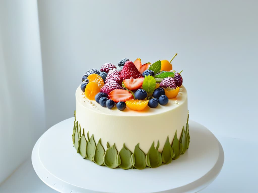  A minimalist and professional image of a beautifully decorated vegan cake, featuring intricate floral designs made from colorful fruits and edible flowers, set against a clean white background. The cake is elegantly displayed on a simple, modern cake stand, emphasizing the artistic and creative aspect of vegan baking. The vibrant colors and detailed decorations make this image visually striking and inspiring for readers looking to start their own vegan bakery business. hyperrealistic, full body, detailed clothing, highly detailed, cinematic lighting, stunningly beautiful, intricate, sharp focus, f/1. 8, 85mm, (centered image composition), (professionally color graded), ((bright soft diffused light)), volumetric fog, trending on instagram, trending on tumblr, HDR 4K, 8K