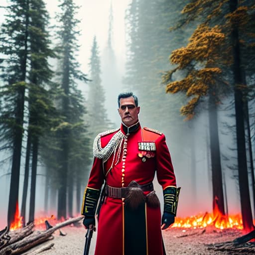  The leader of the fire forces surrounded by fire and wearing a red uniform hyperrealistic, full body, detailed clothing, highly detailed, cinematic lighting, stunningly beautiful, intricate, sharp focus, f/1. 8, 85mm, (centered image composition), (professionally color graded), ((bright soft diffused light)), volumetric fog, trending on instagram, trending on tumblr, HDR 4K, 8K