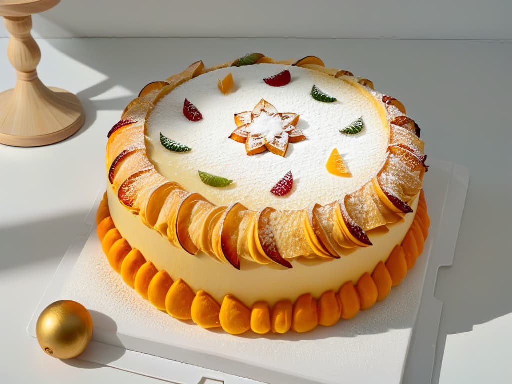  An intricate closeup image of a freshly baked Roscón de Reyes, adorned with colorful candied fruits, glistening sugar, and aromatic orange zest, set against a clean white backdrop to highlight its traditional and festive details in a minimalistic style. hyperrealistic, full body, detailed clothing, highly detailed, cinematic lighting, stunningly beautiful, intricate, sharp focus, f/1. 8, 85mm, (centered image composition), (professionally color graded), ((bright soft diffused light)), volumetric fog, trending on instagram, trending on tumblr, HDR 4K, 8K