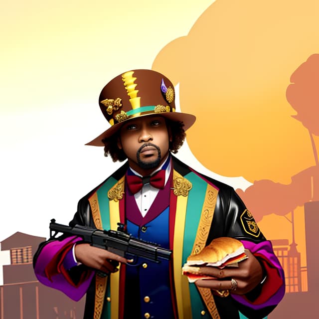  masterpiece, best quality, fancy pimp holding a sandwich and a gun, and being all vibey