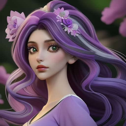  garota de cabelos cacheados roxo preto e branco longos com vestido branco e roxo na floresta com rosas brancas e roxo