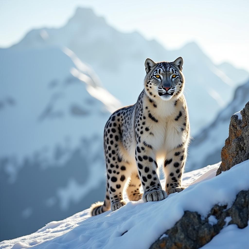  good quality, high quality, snow leopard in majestic mountain landscape