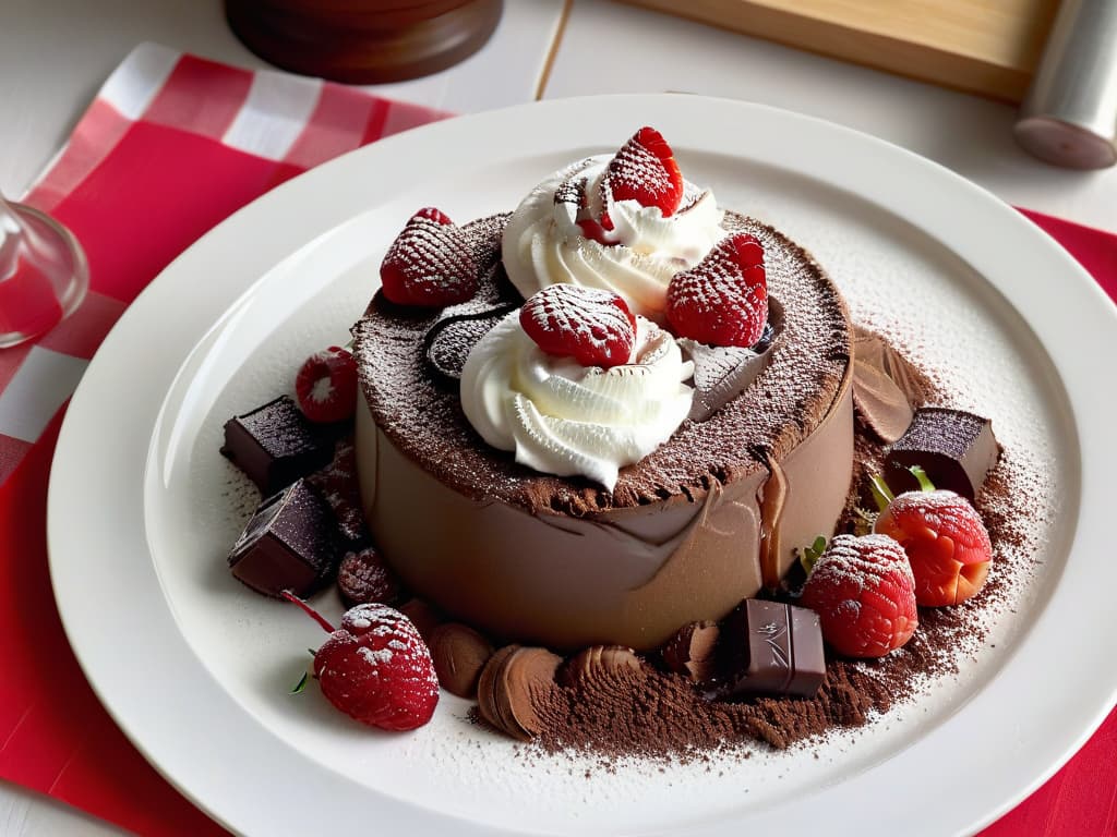  A photorealistic image of a decadent chocolate mousse topped with a generous dollop of lowcalorie whipped cream, garnished with fresh raspberries and a dusting of cocoa powder. The dessert is elegantly presented on a white porcelain plate, set against a softfocus background of a stylish kitchen. The whipped cream is perfectly swirled, showcasing its light and airy texture, enticing the viewer with its deliciously guiltfree indulgence. hyperrealistic, full body, detailed clothing, highly detailed, cinematic lighting, stunningly beautiful, intricate, sharp focus, f/1. 8, 85mm, (centered image composition), (professionally color graded), ((bright soft diffused light)), volumetric fog, trending on instagram, trending on tumblr, HDR 4K, 8K