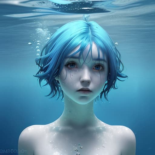  A girl under water with short blue hair no reaciton