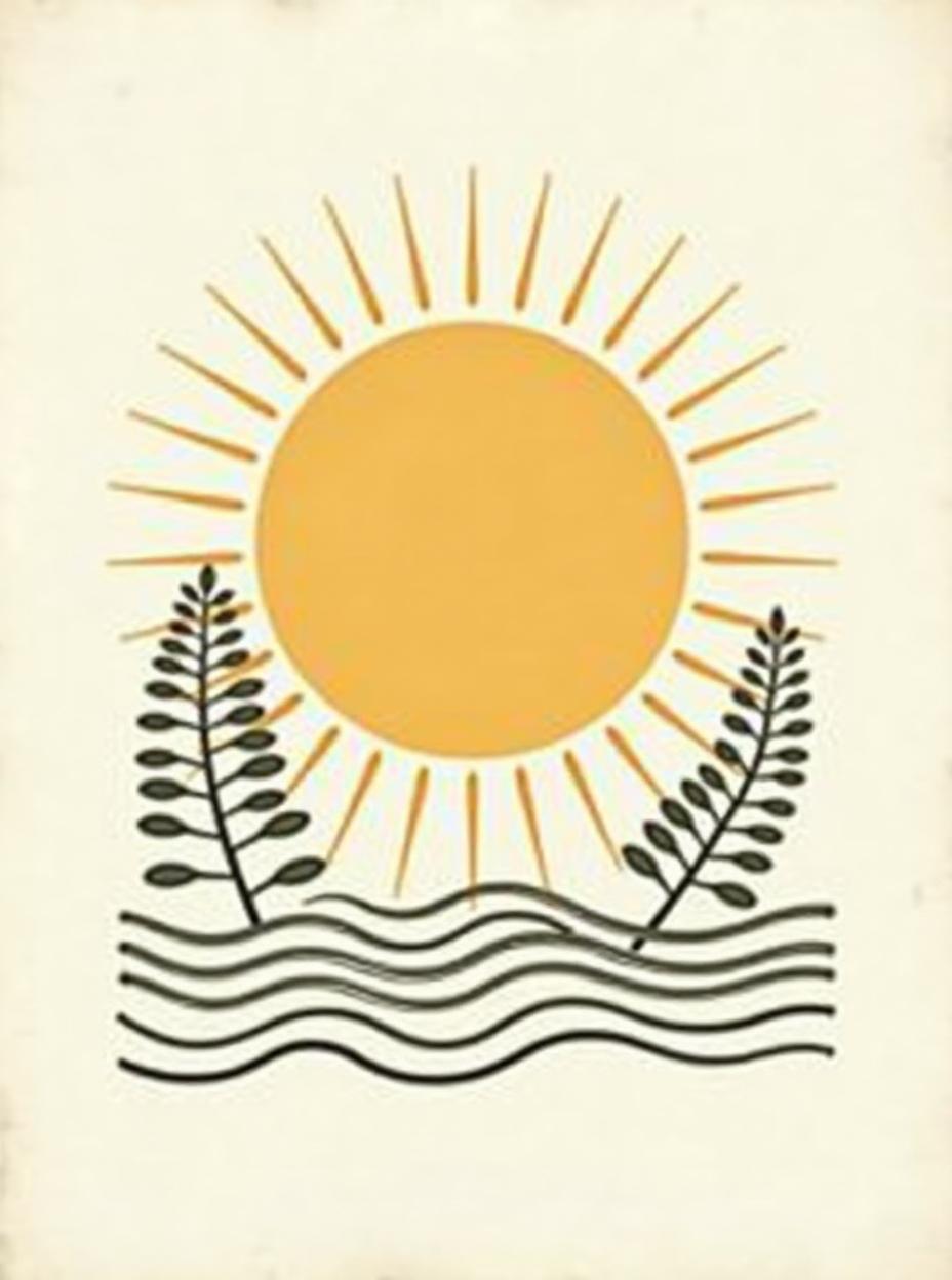  good quality, high quality, a minimalist sun with thin, straight rays extending outward, paired with a few simple tropical ferns, all set against a background of faint geometric waves flowing across the design