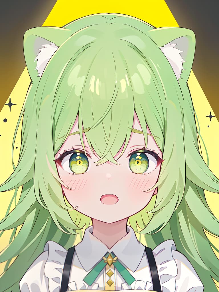  ultra detailed:1.2masterpiece:1.2,best quality,masterpiece,bestquality,hdr:1.1,8k:1.1,very cute girl:1.3,cat ear:1.3,blush frill dress,yellow green hair:1.3,long hair:1.1,troubled face:1.4,open mouth,yellow background,upper body:1.3, masterpiece, best quality,8k,ultra detailed,high resolution,an extremely delicate and beautiful,hyper detail