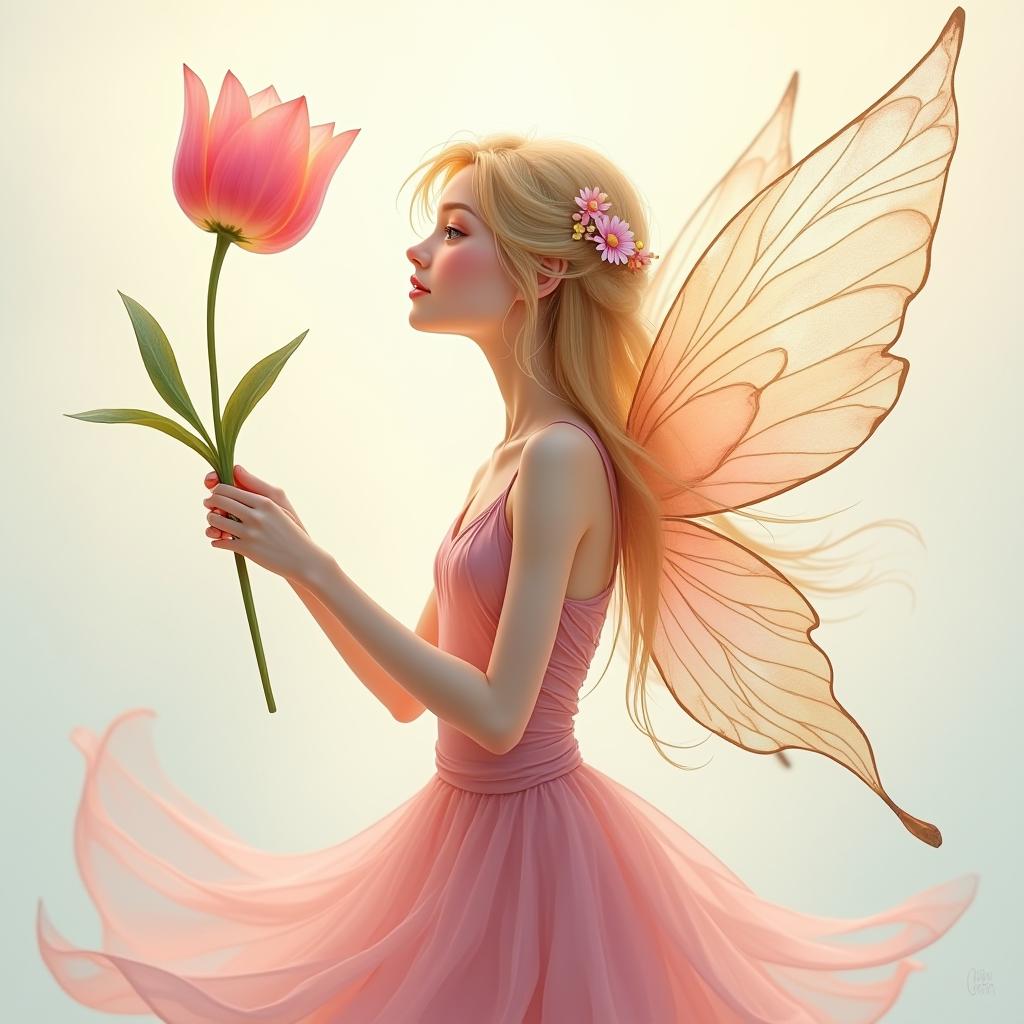  good quality, high quality, this image portrays a serene, ethereal fairy character, depicted with a soft, delicate style that emphasizes grace and beauty. the fairy is shown in profile, gently holding a large pink tulip, her focus entirely on the flower as if admiring its beauty. she has long, flowing blonde hair, slightly windswept, and adorned with small, delicate flowers, enhancing her connection to nature. her wings are translucent and intricate, featuring a soft gradient of pastel pinks, oranges, and blues. the wings' gossamer texture is emphasized by fine lines and swirling patterns, giving them a magical, almost liquid quality. the fairy is dressed in a flowing, pale pink gown that mirrors the soft, swirling motion of the background