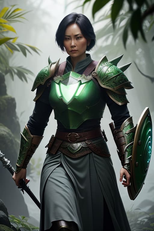  a cinematic shot of a dragon warrior and holding a green glowing spear and a shield, fantasy jungle in background, reflective light, hkstyle, HD, masterpiece, best quality, hyper detailed, ultra detailed, super realistic hyperrealistic, full body, detailed clothing, highly detailed, cinematic lighting, stunningly beautiful, intricate, sharp focus, f/1. 8, 85mm, (centered image composition), (professionally color graded), ((bright soft diffused light)), volumetric fog, trending on instagram, trending on tumblr, HDR 4K, 8K