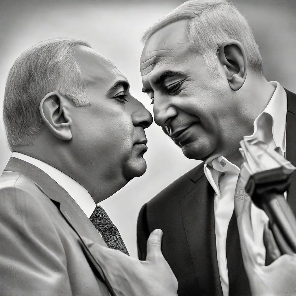  A kiss between Binyamin Netanyahu and Yahya Sinwar, full colour, as if taken by camera with flashlight, realism, analogue realism, photorealism