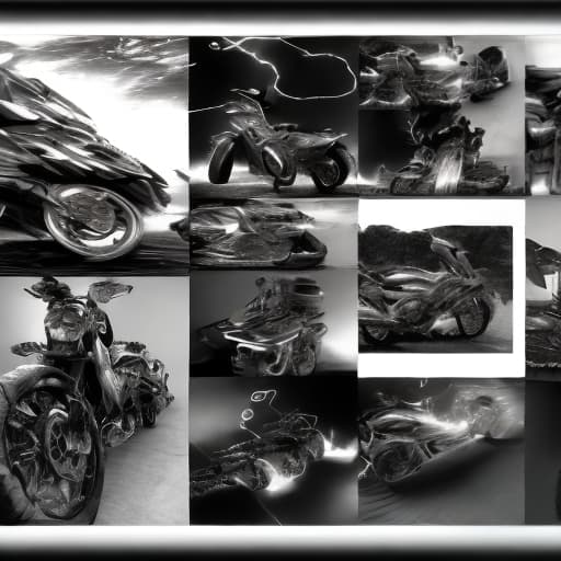 redshift style airbrush collage in black and white of dark technology references such as flames, lightning, wires, Satoshi Nakamoto written out, motorcycles, computers