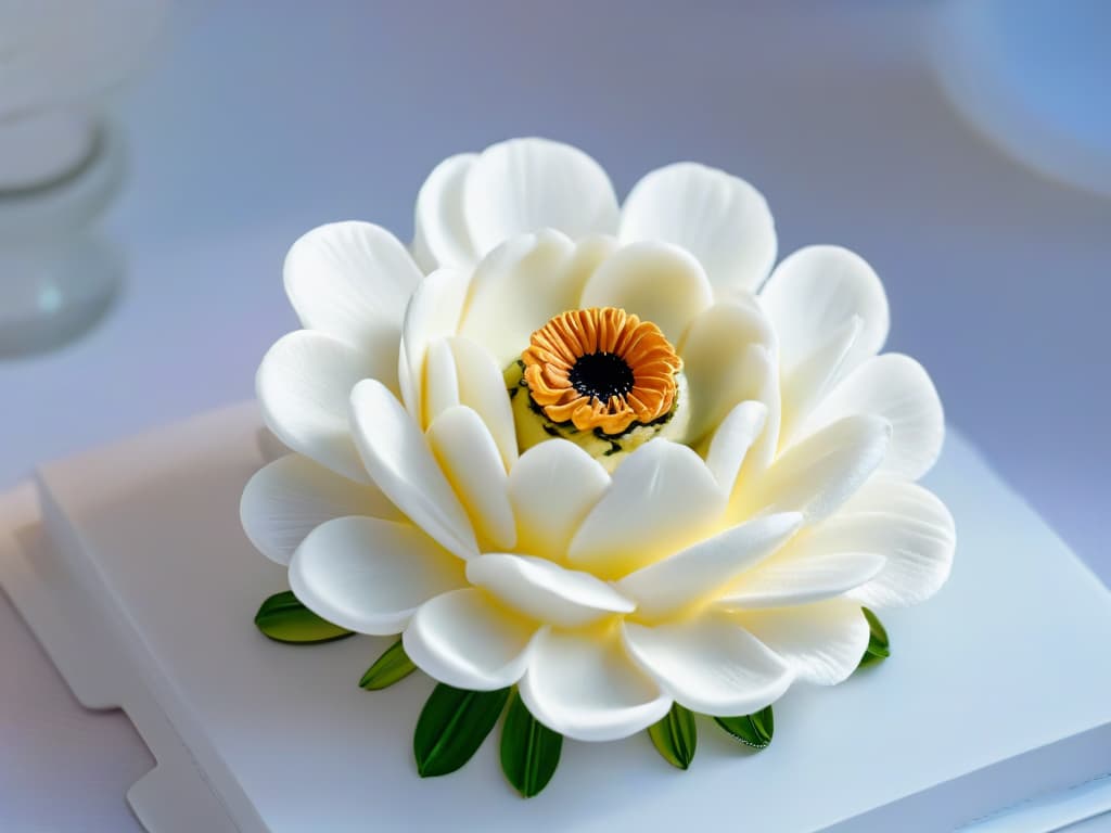  A closeup, ultradetailed image of a delicate, intricate sugar flower created using 3D printing technology in soft pastel hues, showcasing the precision and artistry achievable through innovative techniques in pastry design. Each petal and stamen is flawlessly rendered, with a glistening sheen that highlights the meticulous craftsmanship involved in blending traditional baking with cuttingedge methods. The soft focus background enhances the elegance of the sugar flower, making it a captivating focal point that embodies the fusion of technology and artistry in the world of pastry. hyperrealistic, full body, detailed clothing, highly detailed, cinematic lighting, stunningly beautiful, intricate, sharp focus, f/1. 8, 85mm, (centered image composition), (professionally color graded), ((bright soft diffused light)), volumetric fog, trending on instagram, trending on tumblr, HDR 4K, 8K