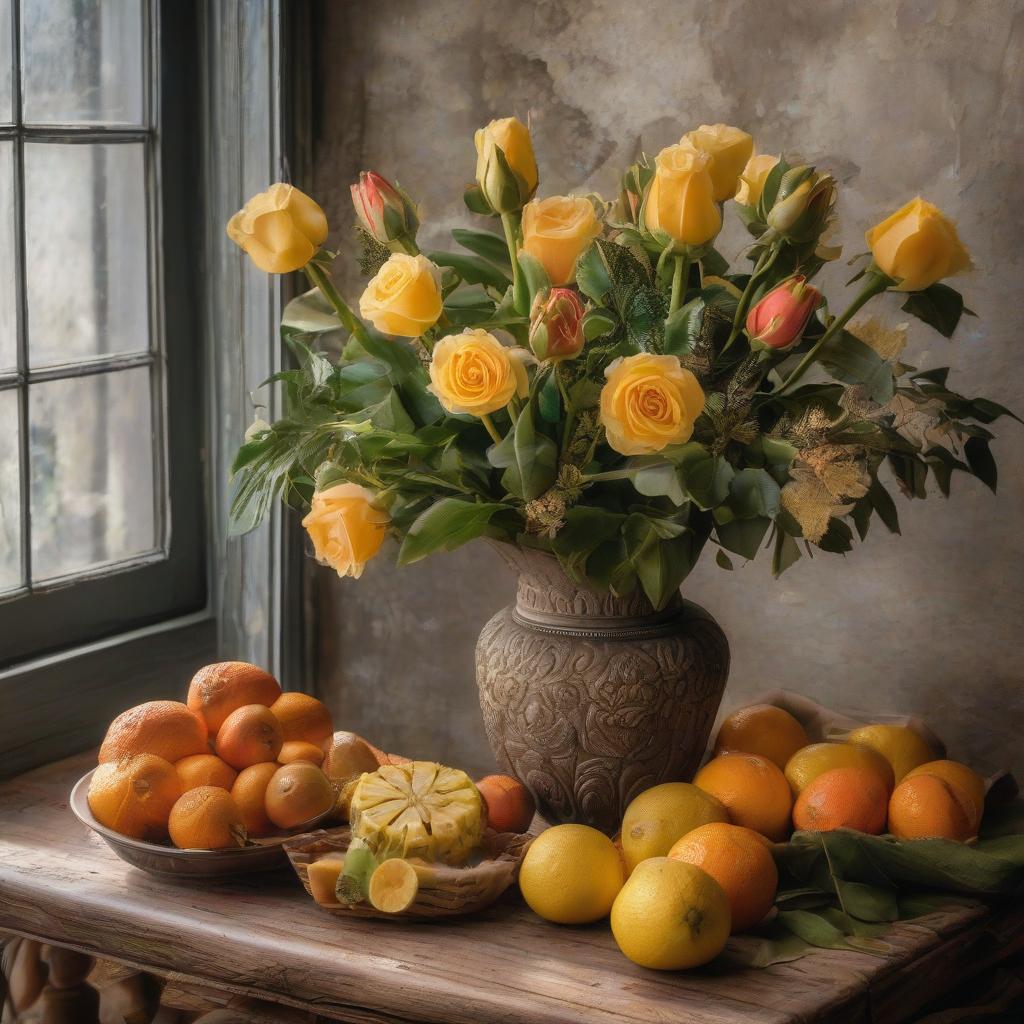  (Bananas, oranges, and pineapples) are standing next to a beautiful vase on an antique table, ((there is also a vase with roses)) by the window, still life, Dutch painting, high detail of the brushstrokes. hyperrealistic, full body, detailed clothing, highly detailed, cinematic lighting, stunningly beautiful, intricate, sharp focus, f/1. 8, 85mm, (centered image composition), (professionally color graded), ((bright soft diffused light)), volumetric fog, trending on instagram, trending on tumblr, HDR 4K, 8K