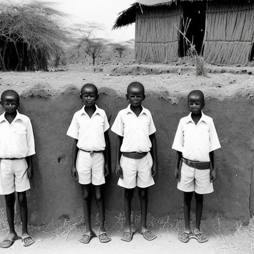  standard one pupils of central Tanzania at Kondoa Rural in 1978, the place is semi arid. they wear white open shirts and khaki shorts. they show sign of poverty