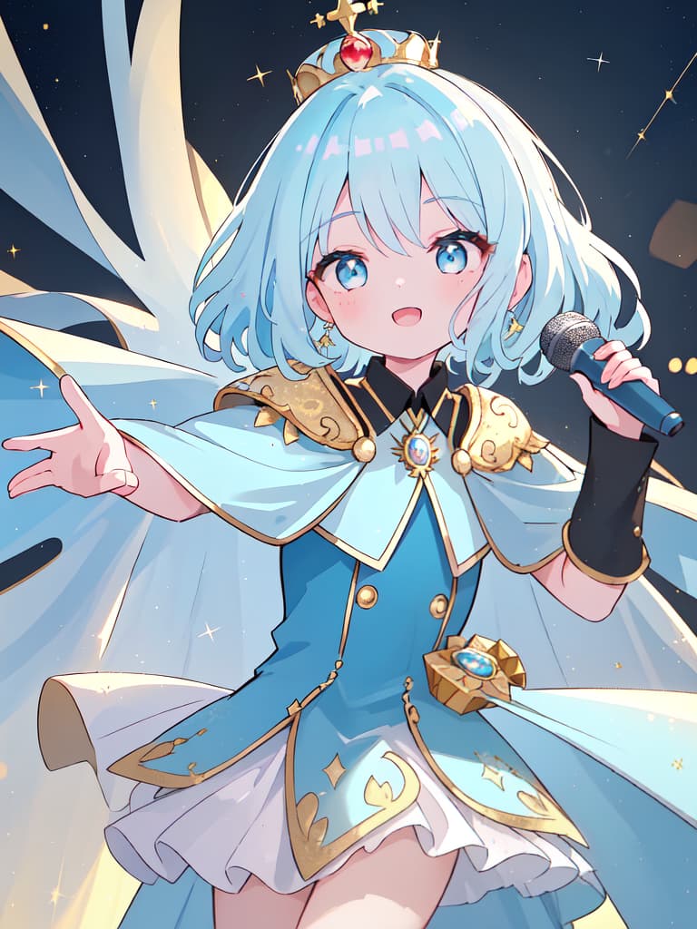  Masterpiece,(((one boy)))1.5,cute,delicate light blue hair color,shiny hair color,Blake,small crown on head,gold pattern on background,jewelry,shimmering,short red cape,black suit,gorgeous,gold lamé,Blake,holding microphone,dancing,(((singing,speaking ♪♬))),best smile,Standing on stage,spotlight,super high quality,super precise,super precise,super precise,super precise,super analytical,16K, masterpiece, best quality,8k,ultra detailed,high resolution,an extremely delicate and beautiful,hyper detail