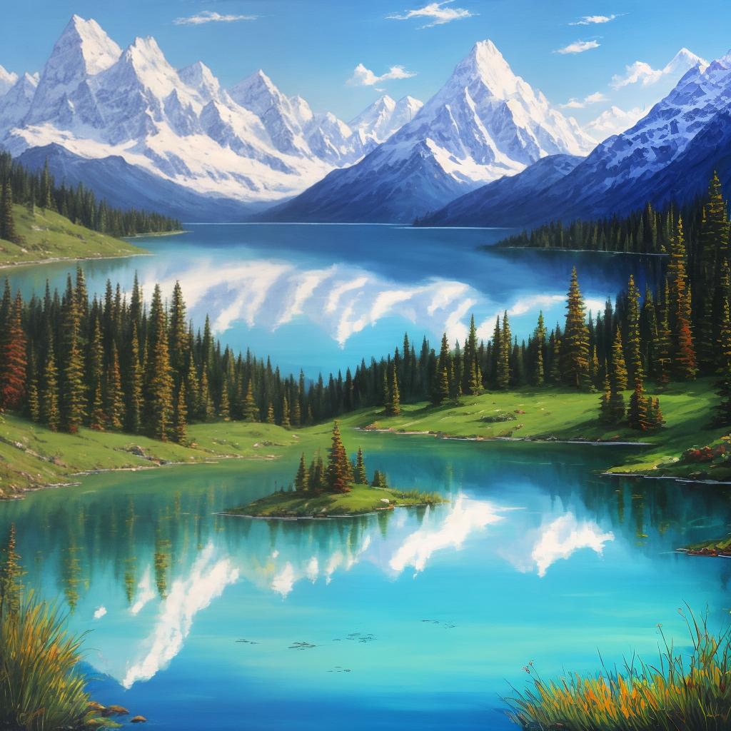  as a painting, Convey the serene majesty of towering mountains reflected in the crystal-clear waters of a tranquil alpine lake, using your unique artistic vision to evoke a sense of awe and tranquility.