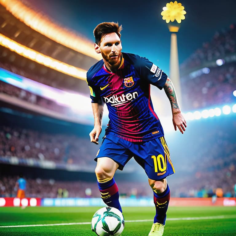  Lionel Messi, often regarded as one of the greatest football players of all time, is a captivating figure. His agility, speed, and sheer brilliance on the field have earned him numerous accolades and records. Imagine Lionel Messi in a breathtaking futuristic city, where holographic displays of his famous goals illuminate the skyline. As he gracefully weaves through bustling streets, robotic fans cheer him on, leaving trails of vivid colors in his wake. hyperrealistic, full body, detailed clothing, highly detailed, cinematic lighting, stunningly beautiful, intricate, sharp focus, f/1. 8, 85mm, (centered image composition), (professionally color graded), ((bright soft diffused light)), volumetric fog, trending on instagram, trending on tumblr, HDR 4K, 8K