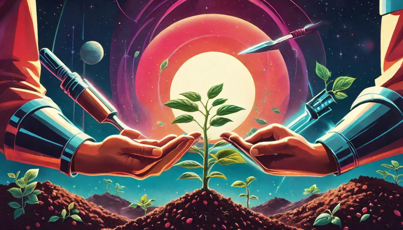  retro futuristic Hands holding tools, seeds sprouting from fertile ground, nurturing growth, cooperation, harmony in action lvintage sci fi, 50s and 60s style, atomic age, vibrant, highly detailed