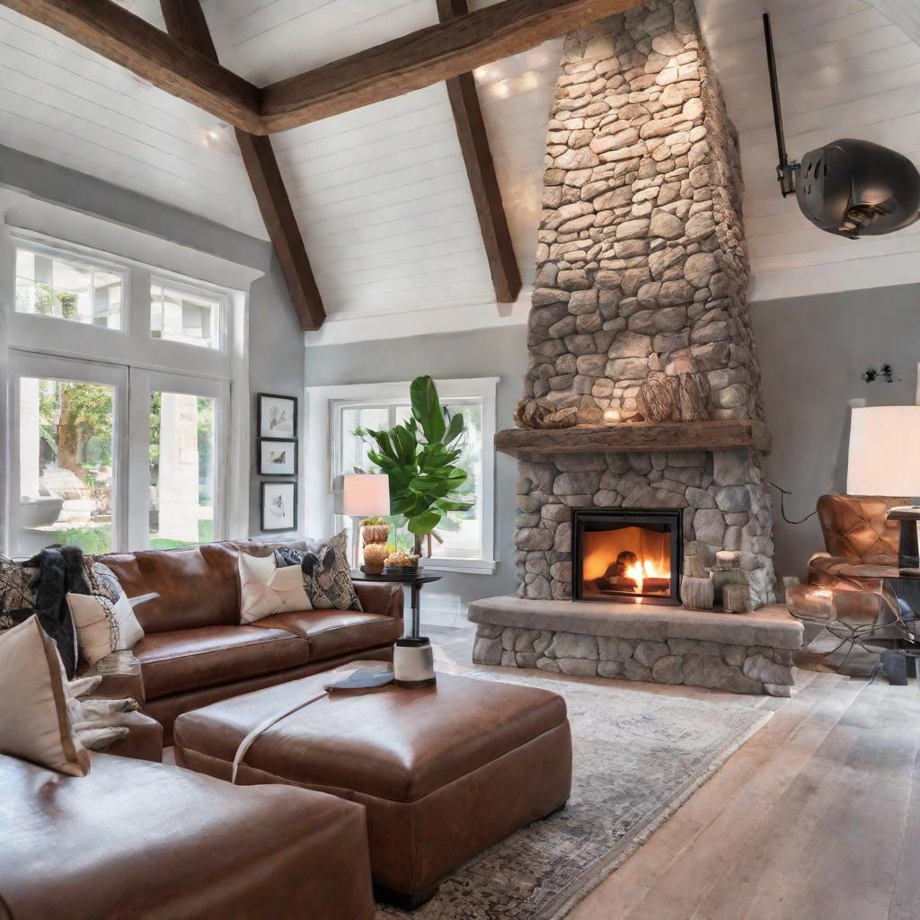   Design a cozy den with exposed wooden beams, a stone fireplace, and leather armchairs for a refined yet rustic feel. 8k, cinematic lighting, HDR