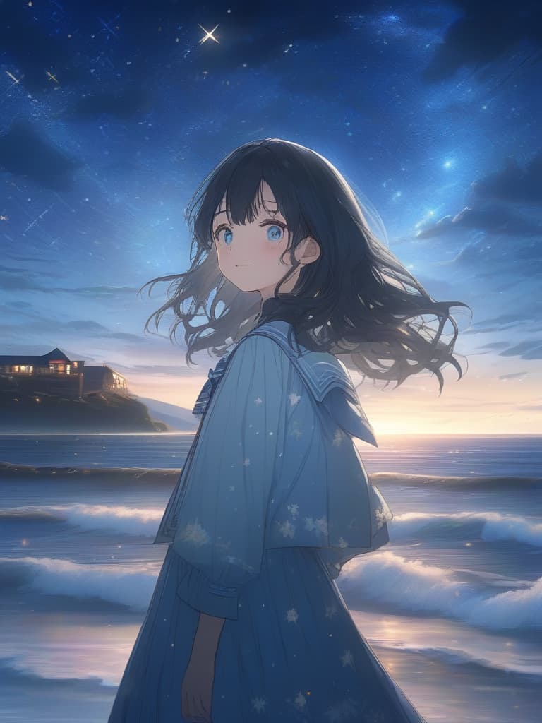  Seaside, evening, starry sky, high school girls, blue eyes, black hair, raising hands, masterpiece, best quality,8k,ultra detailed,high resolution,an extremely delicate and beautiful,hyper detail