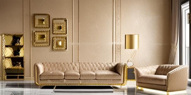 modern luxury living room interior, marble floor, soft beige leather sofa, gold details, ambient lighting, photorealistic, wide angle